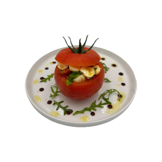 TOMATE GARNIE À LA MOZZARRELLA ET PESTO