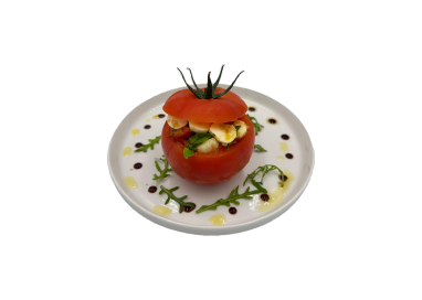 TOMATE GARNIE À LA MOZZARRELLA ET PESTO