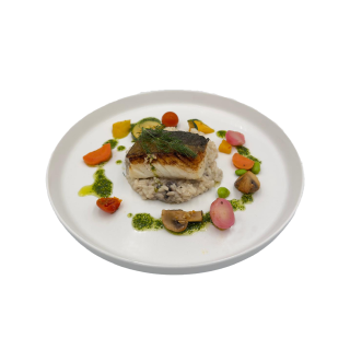 DOS DE CABILLAUD, HUILE D'HERBES ET RISOTTO