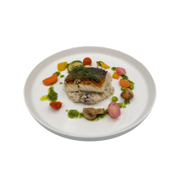DOS DE CABILLAUD, HUILE D'HERBES ET RISOTTO