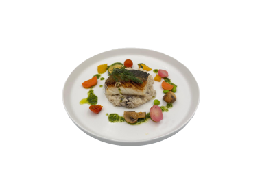 DOS DE CABILLAUD, HUILE D'HERBES ET RISOTTO