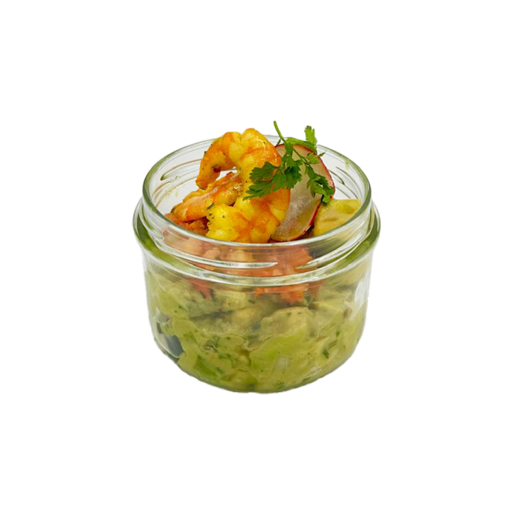 VERRINE D'AVOCAT ET CREVETTES AUX LÉGUMES CROQUANTS