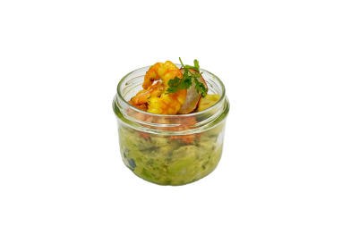 VERRINE D'AVOCAT ET CREVETTES AUX LÉGUMES CROQUANTS